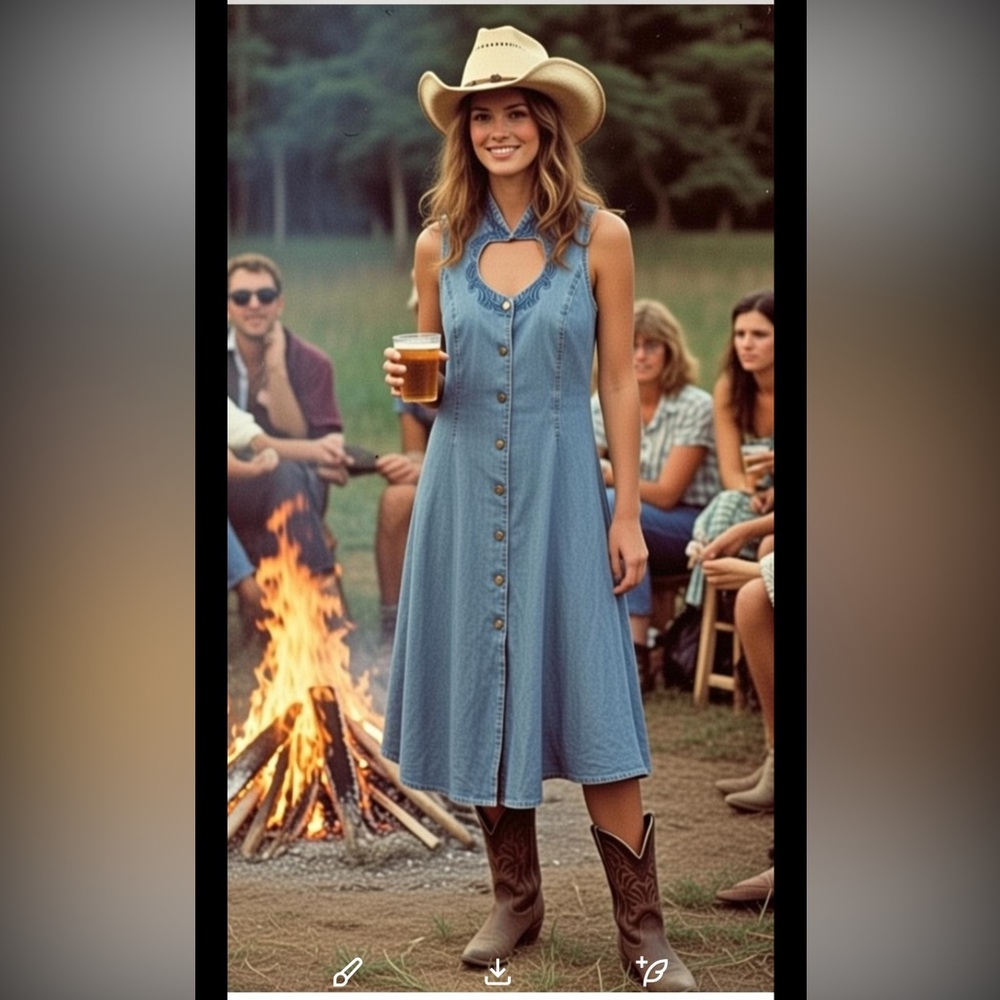 True vintage embroider people Western Denim Midi Dress button tie corset free